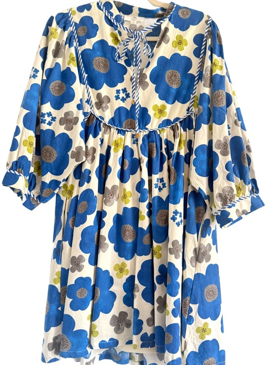 entro Dresses & Skirts - entro Cream and Blue Floral Tie Front Dress with Balloon Sleeves